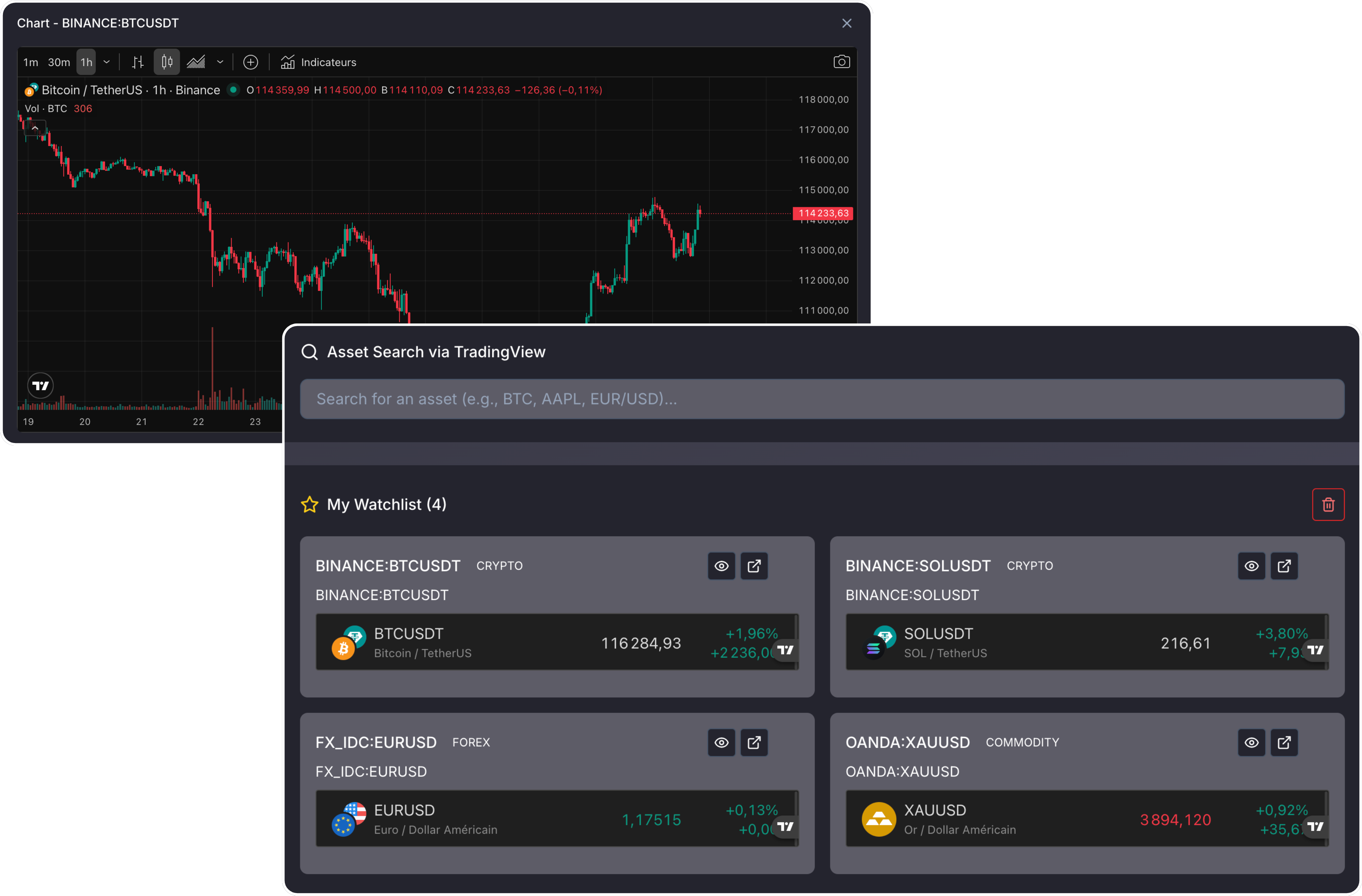 TradeTrackr Market Data & Watchlist - TradingView charts, asset search, and personalized watchlist with live prices for crypto, Forex and commodities